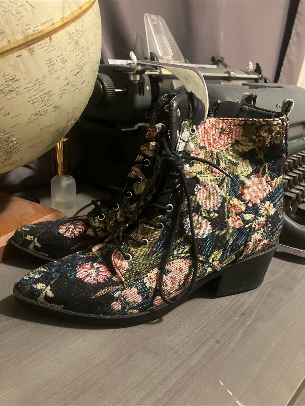 Indigo Black Floral Lace-Up Ankle Boots